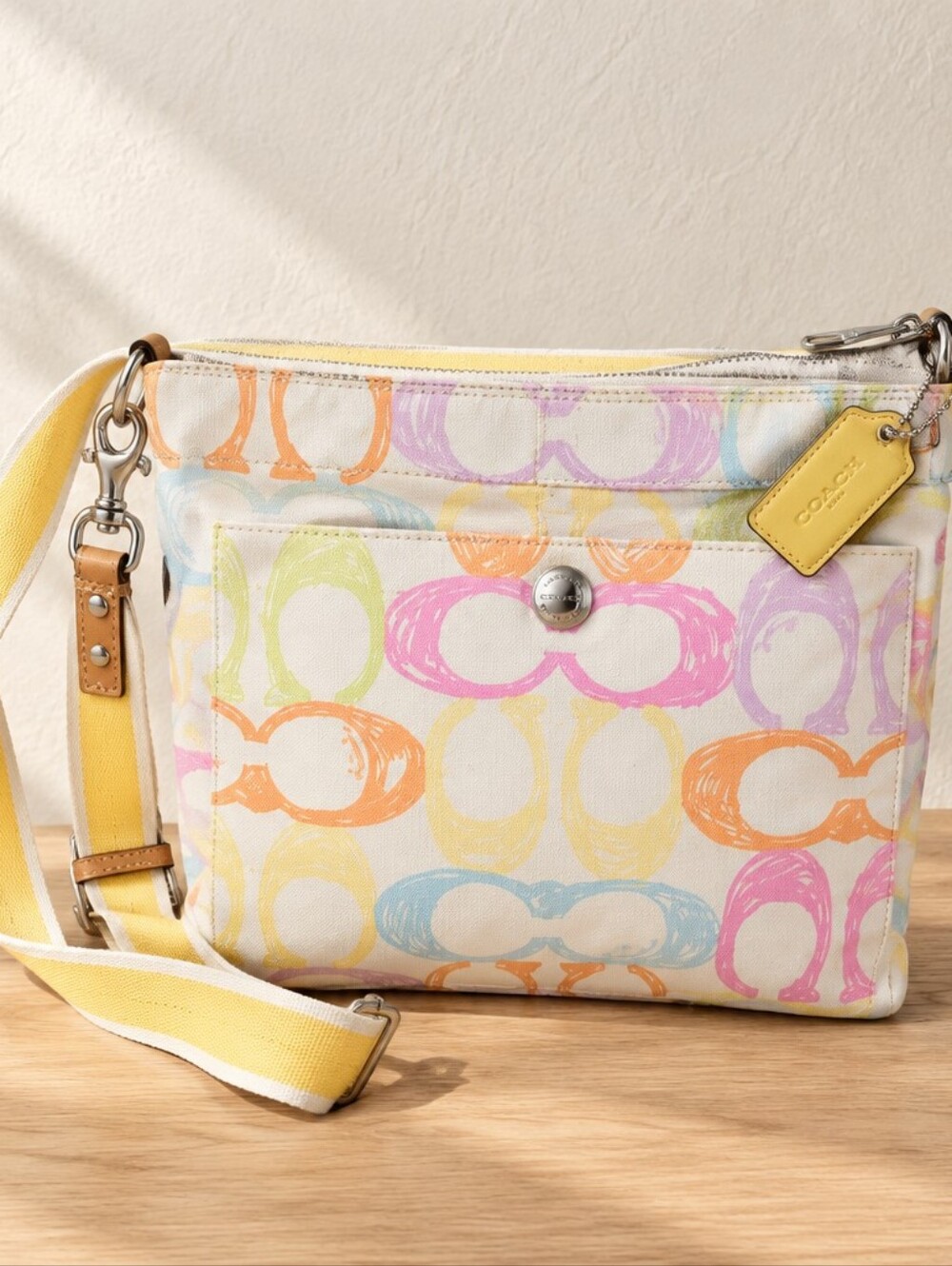 Coach Pastel Multicolor Signature Crossbody with Yellow Strap EUC